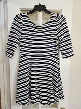 Gianni Bini Navy White Striped Fit Flare Dress 3/4 Sleeve Large